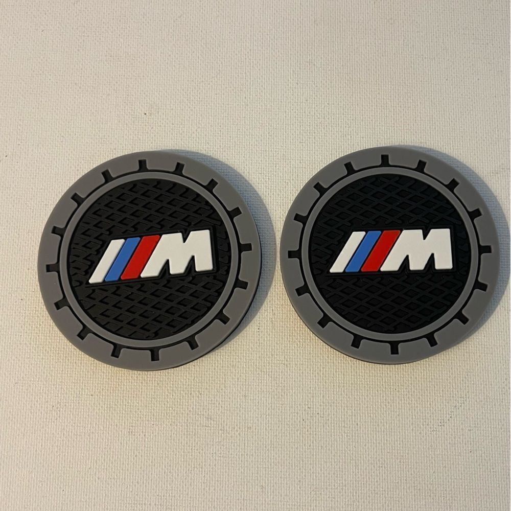BMW Motorsports car cup Coasters in black and gray with logo Set of 2 NWT